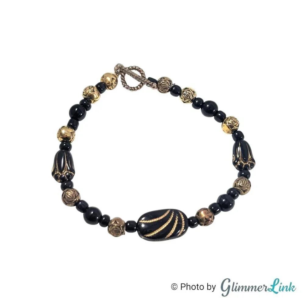 Vintage Black Gold Tone Beaded Bracelet Tulip and Rose Beads